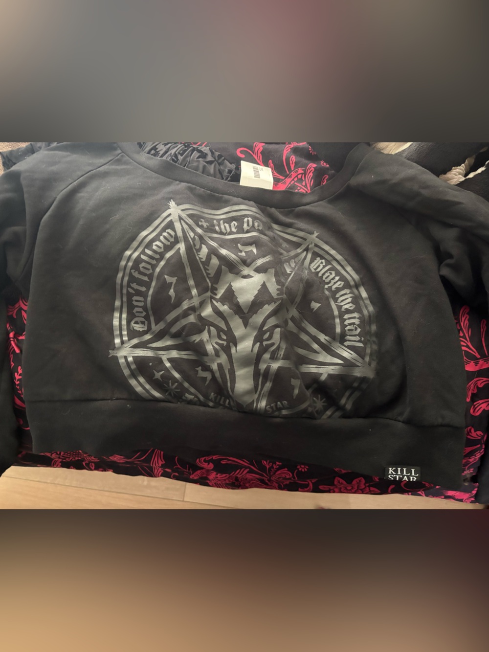 Killstar Black Graphic Long-Sleeve Crop Sweatshirt with Silver Star Goat Print